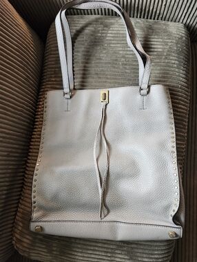 REBECCA MINKOFF Light Gray Leather Tote Bag with Gold Stud Accents